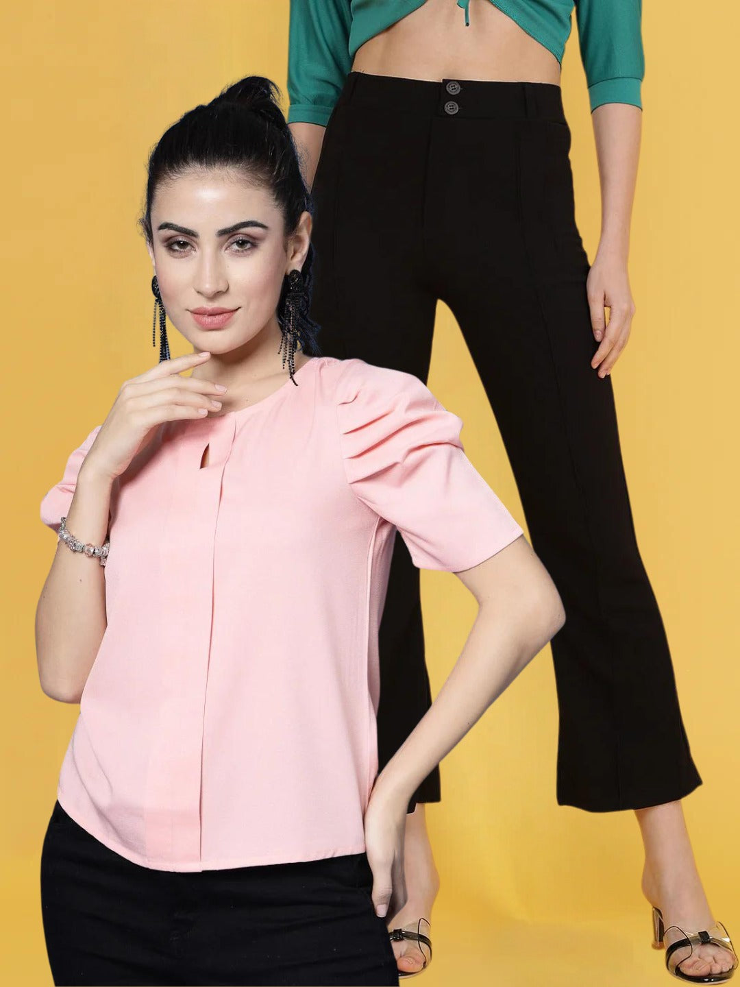 Pink Puff Sleeve Shirt with Black Pants in Combo