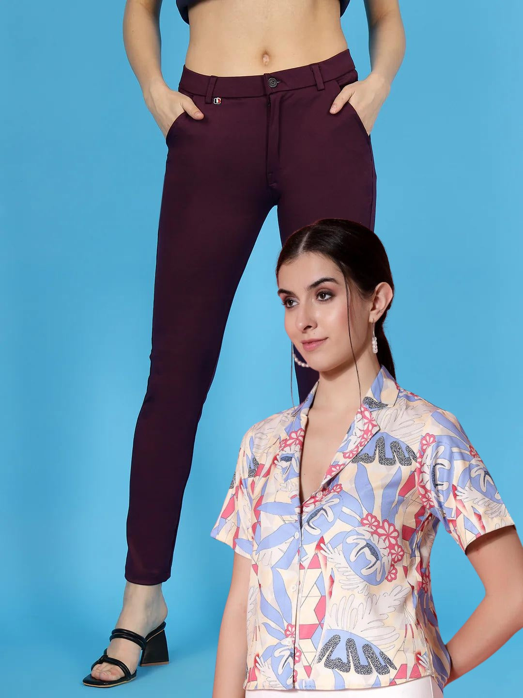 Women's Printed Shirt Maroon Trouser Combo Set-wooltrees