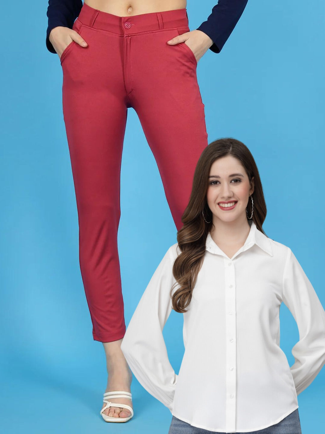 Women's White Shirt Red Pants Combo Set-wooltrees