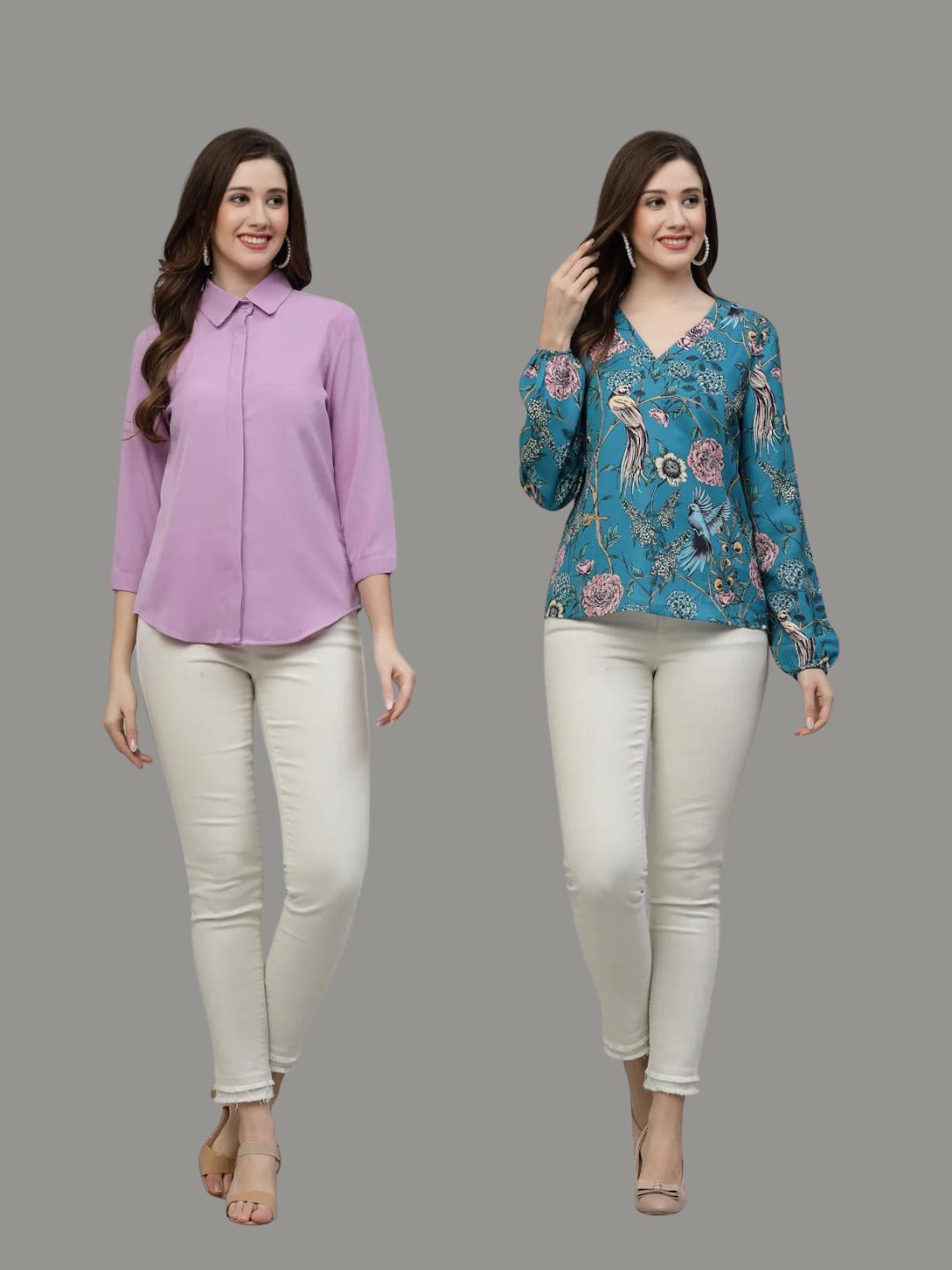 Women Printed Kurta With Lavender Shirt Combo-wooltrees