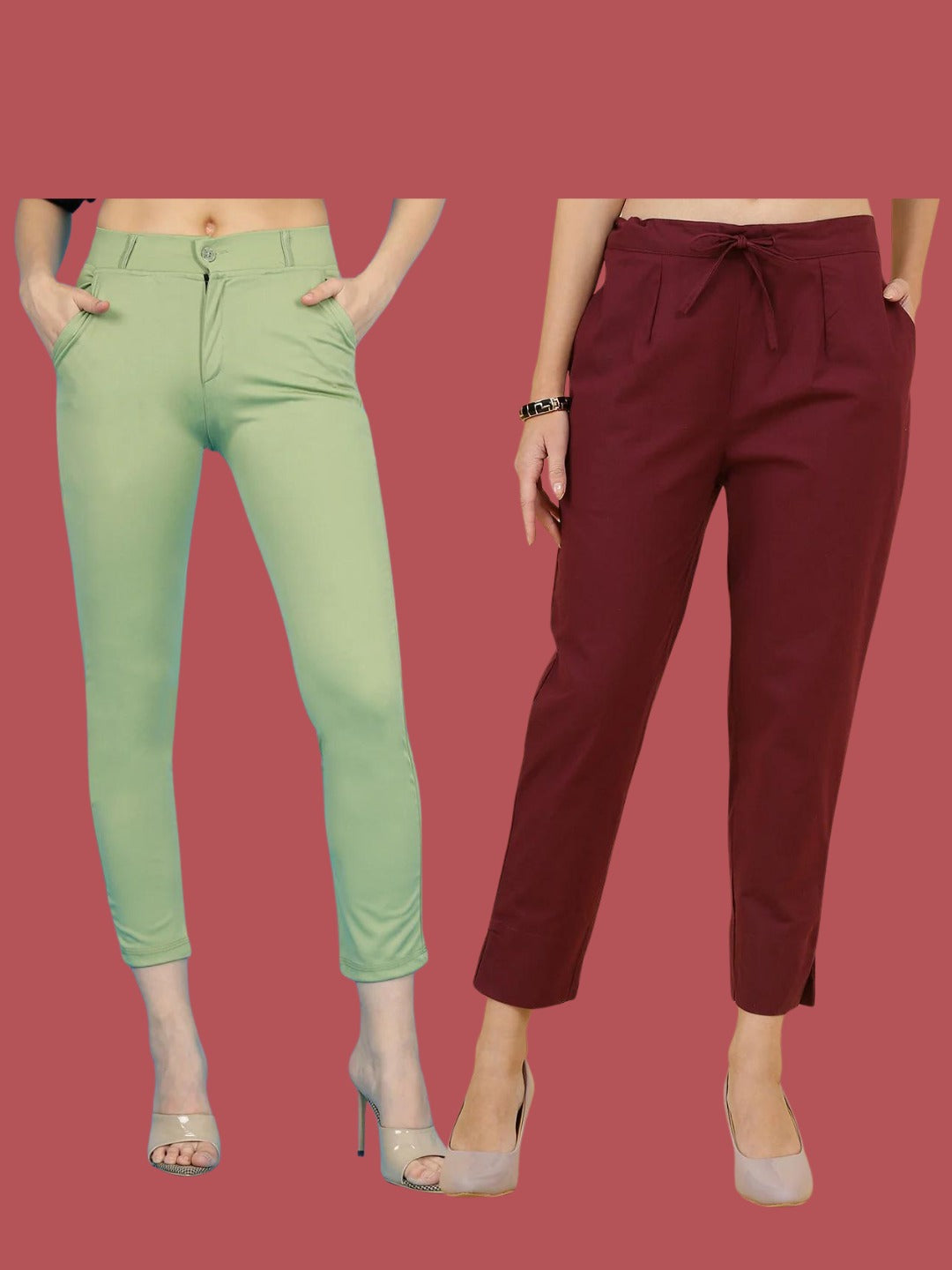 Women's Green And Maroon Pants-wooltrees