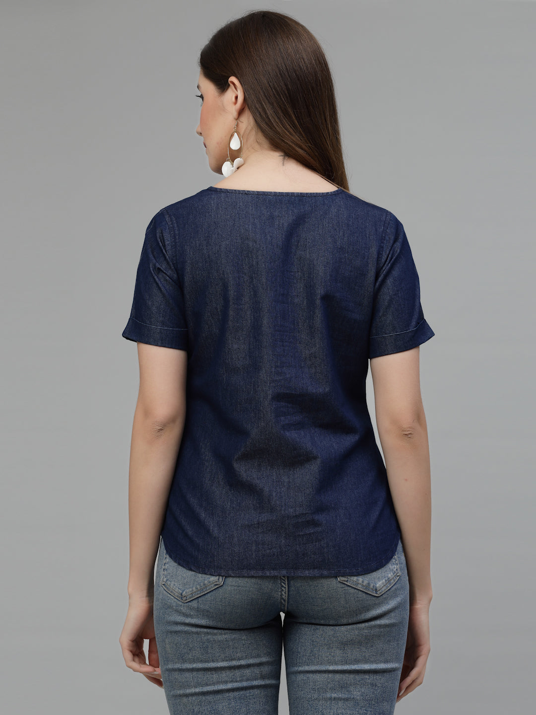 Women's Shirt with Solid Denim Tops Combo-wooltrees