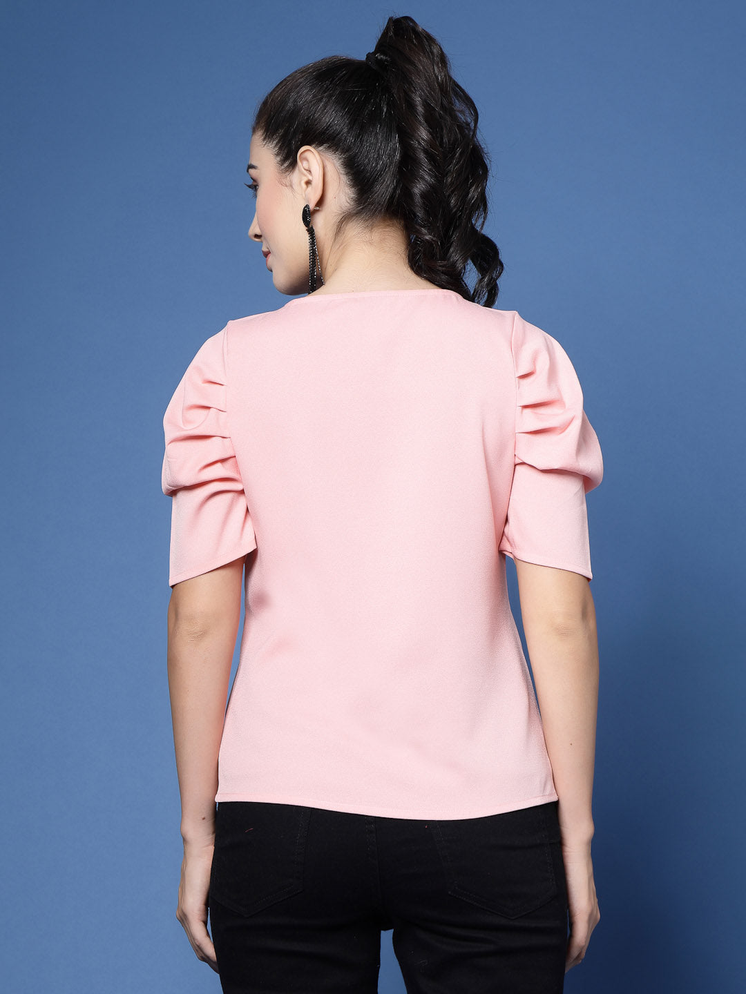 Pink Puff Sleeve Shirt with Black Pants in Combo