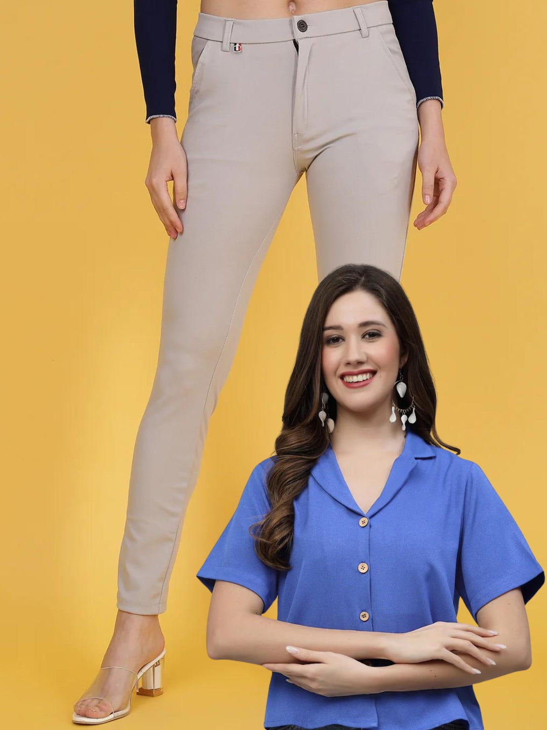 Women's Blue Shirt White Pants Combo Set-wooltrees