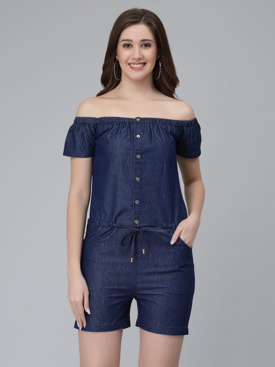 Women's Drop Waist Mini with Off Shoulder Denim Jumpsuit Combo-woolrees