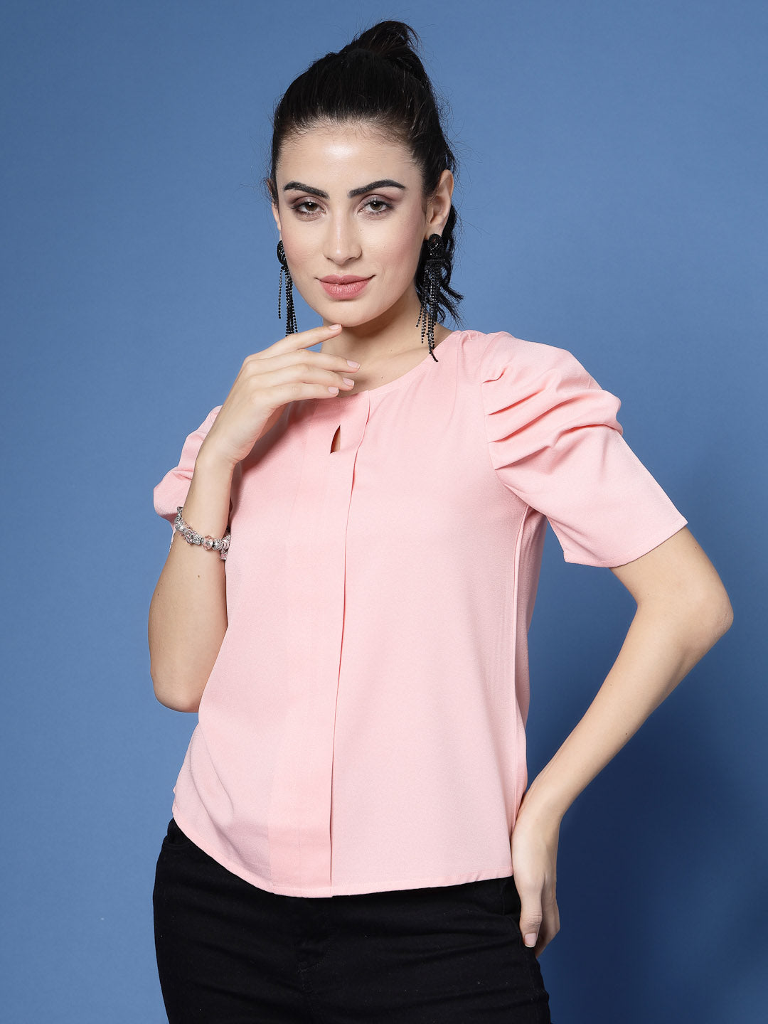 Pink Puff Sleeve Shirt with Black Pants in Combo