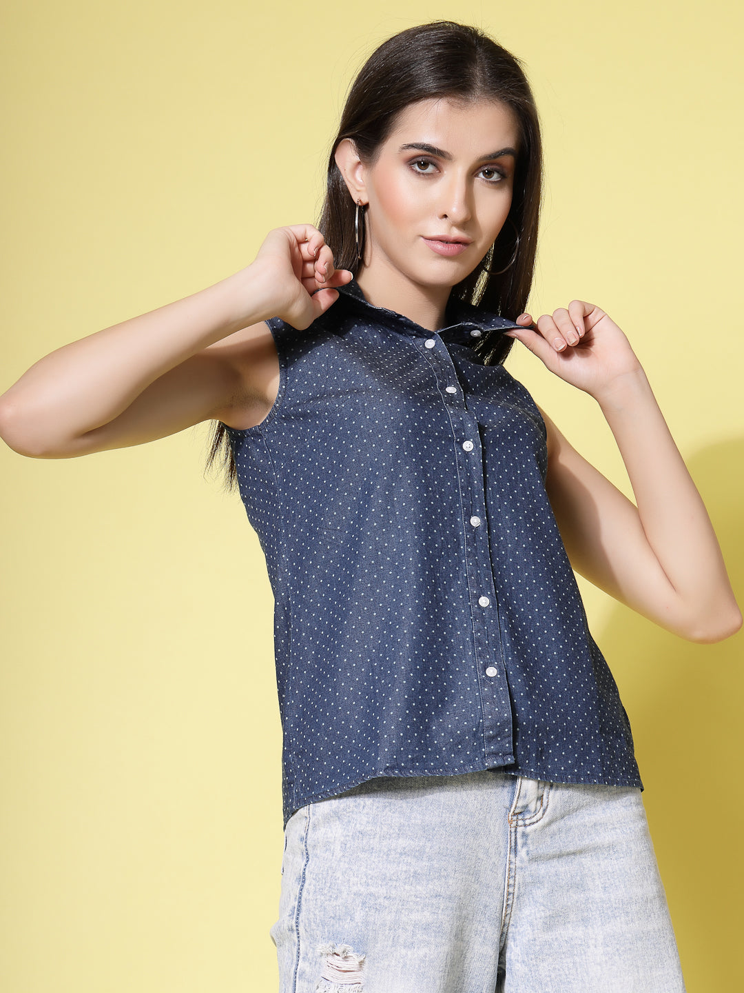 Denim Shirt with Printed Sleeveless Denim with Combo-wooltrees